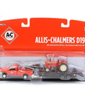 Die Cast Allis Chalmers D19 Tractor With Ford F 350 Pickup And Fifth Wheel Trailer Set One Sixty Fourth Scale Collectible packaging