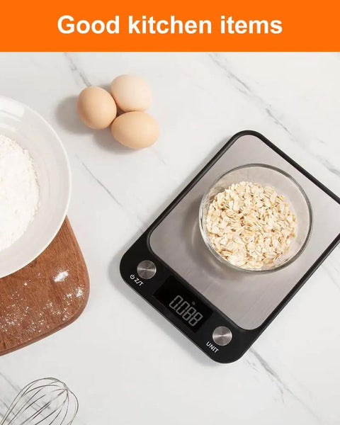 Stainless Steel Digital Kitchen Scale With Five Unit Modes Tare Function Measures Grams Ounces Milliliters And Pounds Up To Five Kilograms with oats