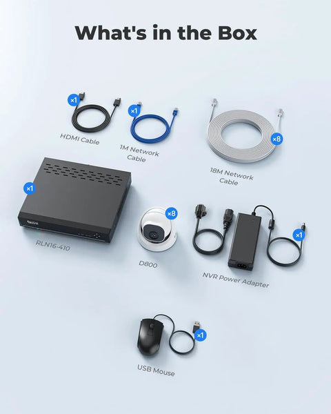 Box contents of 4K PoE Security Camera System With Eight 8MP Cameras, Smart Person And Vehicle Detection, 16-Channel NVR With 4TB HDD