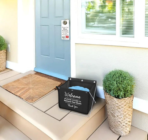 Foldable Fabric Shoe Cover Storage Box With 10 Pairs of Disposable Shoe Covers Includes Double Sided Door Hanger at house entrance