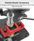 Heavy Duty Universal Router Lift System Aluminum Insert Plate showing precise adjustment tool for bit depth with a steel clamp.