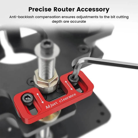 Heavy Duty Universal Router Lift System Aluminum Insert Plate showing precise adjustment tool for bit depth with a steel clamp.