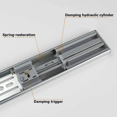 Heavy Duty Soft Close Drawer Slides 22 Inch Pair showing hydraulic cylinder and parts for quiet operation.