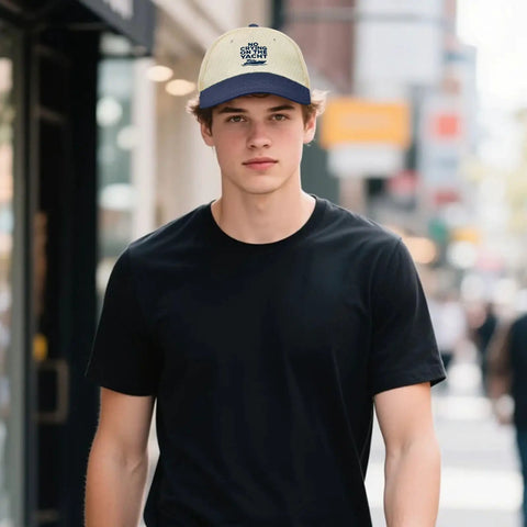 Young man wearing Yacht Vibe Womens Adjustable Sport Trucker Hat With Low Profile Fit Six Vent Eyelets Lightweight Breathable Comfort