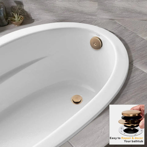 No Sweat Champagne Bronze Universal Tub Drain Conversion Kit with One Hole Overflow Face Plate in a modern bathtub.