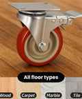 Tough As Nails Three Inch Swivel Caster Wheels With Brake Four Pack Red Polyurethane Rollers on wood flooring.