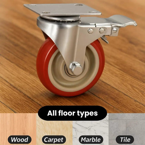 Tough As Nails Three Inch Swivel Caster Wheels With Brake Four Pack Red Polyurethane Rollers on wood flooring.