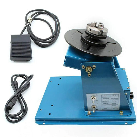 Heavy Duty Rotary Welding Positioner Featuring 110V Power And Smooth Two To Ten Rpm Rotation Compact Mini Turntable For Shops Adjustable Tilt Base Portable Three Jaw Chuck No Hassle Setup Ready To Roll with foot pedal and cables.
