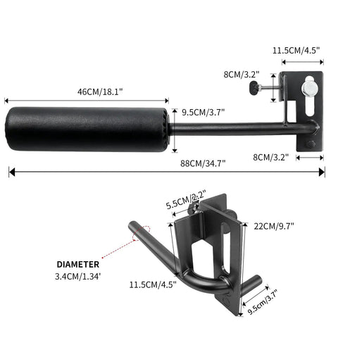Nordic Leg Roller for Rack Mounted Pro Grade Home Gym with dimensions, steel construction, adjustable uprights 2 to 4 inches wide.