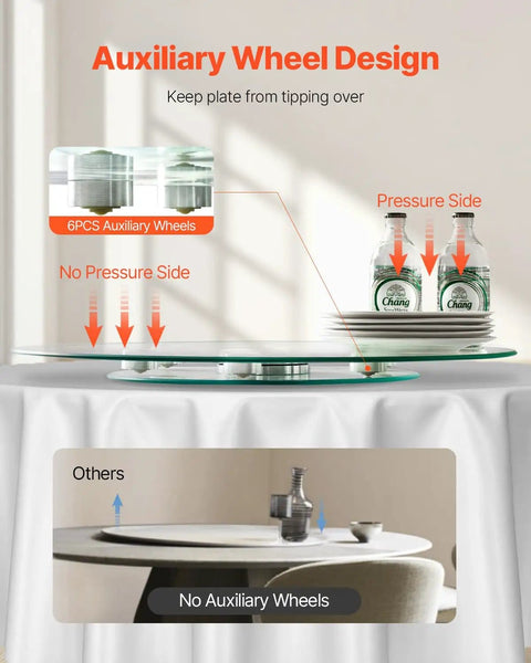 24 Inch Glass Lazy Susan Turntable With 6 Rotating Wheels showing auxiliary wheel design on dining table