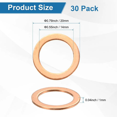 30 Pack Copper Crush Washers M14 Metric Sealing Rings Rock Solid For Automotive Oil Pan Fuel Line Plumbing Machinery Hydraulic Systems. Size details included.