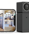 Full Coverage 360 Indoor Security Camera With Two Way Audio, 1080p HD Live Video, Motion Detection next to iPhone app display