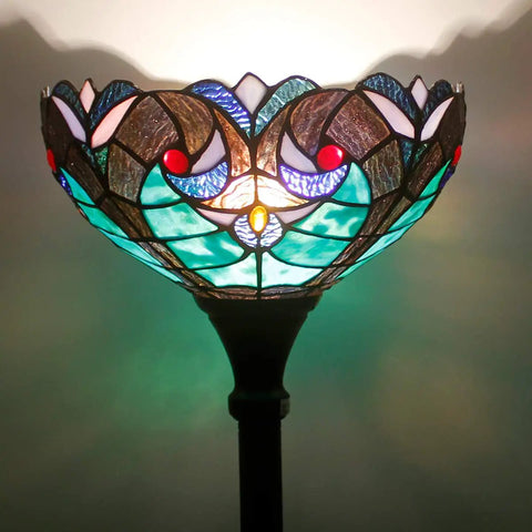 Tiffany Style Floor Lamp Green Liaison Stained Glass Light With 12 Inch Shade And 71 Inch Tall Torchiere Pole, Corner Uplight Design, Antique Bronze Base, UL Listed, Dope Standing Lamp For Living Room, Bedroom Or Office Decor