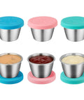 Six Pack Two Point Four Ounce Stainless Steel Dressing Containers with Silicone Lids Leakproof and Reusable Condiment Jars