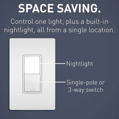 Radiant All In One Adjustable LED Night Light Rocker Switch Three Way Dimmer With Five Light Levels For Hallways Bedrooms And Kitchens NTL873WCC6 15 Amp White Decorative Finish No Fuss Setup shown with text label