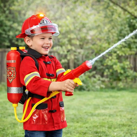 Child wearing Deluxe 12 Piece Kids Firefighter Costume Set With Backpack Water Blaster Light Up Helmet Fire Extinguisher And Rescue Tools For Realistic Role Play Dress Up Fun, spraying water.