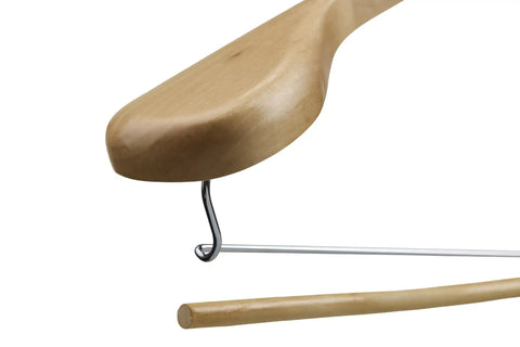 Close-up of a Natural Wooden Suit Hanger with Non Slip Bar and 360 Degree Swivel Hook for Men Heavy Duty Coat Hangers Smooth Finish