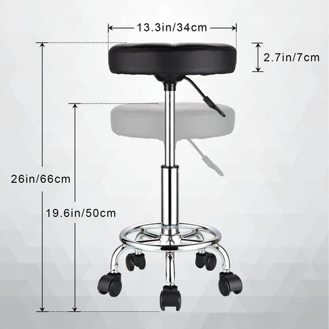 Round Rolling Stool With Wheels Height Adjustable Swivel Chair For Spa Salon Massage Black Comfy PU Leather Esthetician Stool With 360 Degree Rotation Easy To Clean Five Wheel Mobility, measuring dimensions with adjustable height.