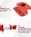 Heavy Duty Cast Iron Pipe Clamps Six Pack Fits One Half Inch Threaded Metal Pipes With Wide Stable Base Grips Like Crazy For Wood Gluing And Garage Workshop Jobs showing spring clip and strong clamping force details.