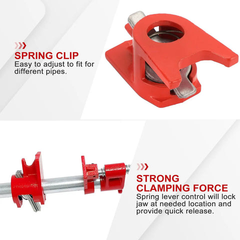 Heavy Duty Cast Iron Pipe Clamps Six Pack Fits One Half Inch Threaded Metal Pipes With Wide Stable Base Grips Like Crazy For Wood Gluing And Garage Workshop Jobs showing spring clip and strong clamping force details.