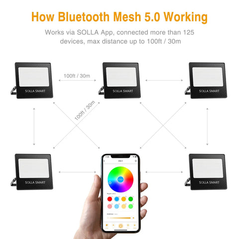 Diagram showing app control of Smart RGB Flood Lights 30W With App Control, 16 Million Colors And Tunable White 2700K-6500K via Bluetooth.