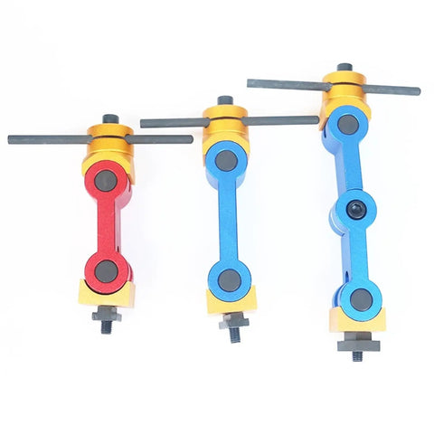 Professional Universal Adjustable CNC Mill And Lathe Workpiece Stop Positioner Clamping Locator Tool in red, blue, and gold colors.