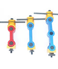 Heavy Duty Universal Adjustable Cnc Mill And Lathe Workpiece Stop Positioner Tool With Quick Release Pin And M16 Base Bolt in red, blue, and gold.