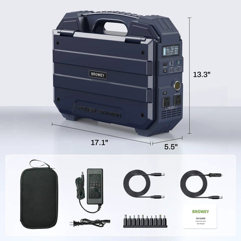 1600W Portable Power Station With 1024Wh LiFePO4 Battery And Built In Solar Panel, dimensions and accessories displayed