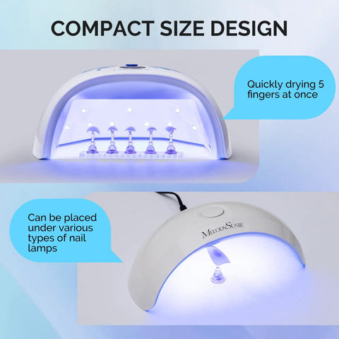 Compact size UV nail lamp drying 5 fingers, two views, suitable for use with Two Sets Blue Acrylic Nail Stand With Magnetic Display Base