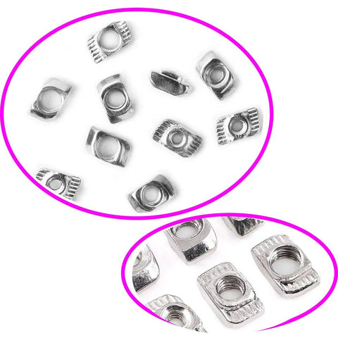 Heavy Duty Hammer Head T Slot Nuts Set For 20 Series Aluminum Profiles M3 M4 M5 Nickel Plated Carbon Steel shown in close-up view.