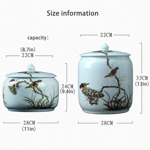 Big Capacity Chinese Ceramic Rice Jar With Airtight Lid Dispenser Keeps Your Favorite Grain Stash Fresh And Crisp For Easy Kitchen Pantry Organization Gorgeous Floral Pattern showing size information.