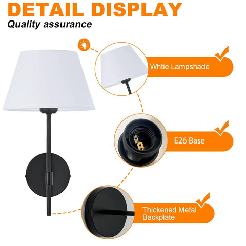 Hardwired Wall Sconce Set Of Two Black Metal Lamps With White Fabric Shades Dope Industrial Lighting For Bedroom Bathroom Farmhouse Living Room Reading Nook Fireplace