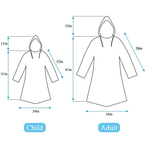 Size chart for disposable emergency rain ponchos for adults and kids, family pack of 12 in 4 colors, showing child and adult dimensions.