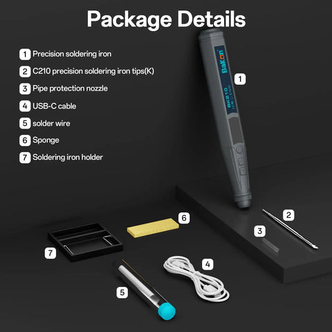 Cordless Soldering Iron Kit With 8S Rapid Heating And 3200mAh USB C Battery package including pen, tips, cable, and sponge