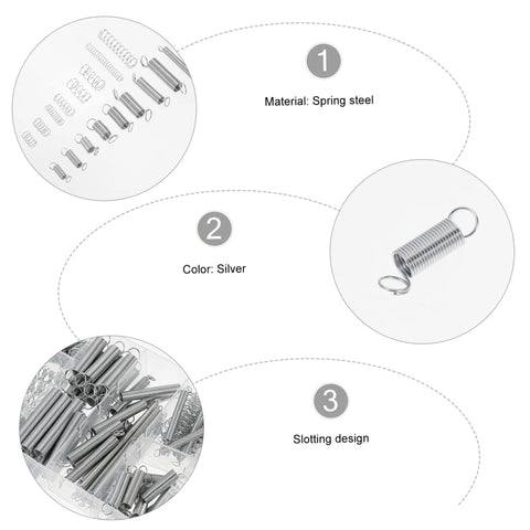 200 Piece Compression And Extension Spring Kit Assorted Steel Springs Heavy Duty Resistant Set Perfect For DIY Repairs Home Fixers Versatile Projects With Storage Case Built Tough! silver spring steel set with assorted springs and slotting design