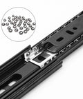 Close-up of Eight Pack Built Tough Black Full Extension Drawer Slides Side Mount Ball Bearing Cabinet Rails with steel balls.