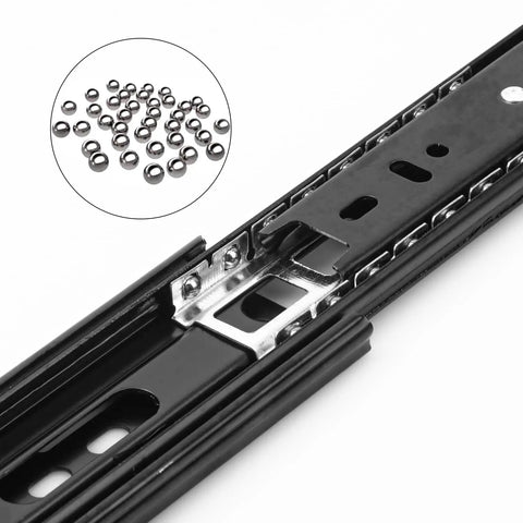 Close-up of Eight Pack Built Tough Black Full Extension Drawer Slides Side Mount Ball Bearing Cabinet Rails with steel balls.