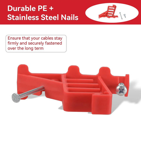 Heavy Duty Multi Cable Staples For Romex And Ethernet in red, featuring durable PE and stainless steel nails for secure installation.