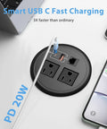 Slick Flush Mount Desktop Power Grommet Offering Recessed Layout With Two AC Outlets PD 20W USB C Fast Charge Port and Ethernet Jack.