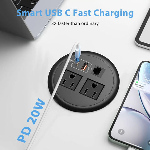 Slick Flush Mount Desktop Power Grommet Offering Recessed Layout With Two AC Outlets PD 20W USB C Fast Charge Port and Ethernet Jack.