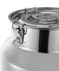 Premium 12.68 Gallon Stainless Steel Milk Can With Airtight Lids For Storing Rice Grain Coffee Beans Or Dog Food, close-up of lid with clips.