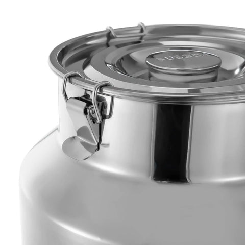 Premium 12.68 Gallon Stainless Steel Milk Can With Airtight Lids For Storing Rice Grain Coffee Beans Or Dog Food, close-up of lid with clips.