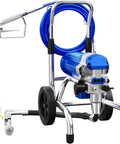 Heavy Duty Airless Paint Sprayer With 1800W Motor And 3800PSI Pressure Zero Hassle Thinning Free Coating Kit With Extension Rod And Wheels For Swift Pro Level Finishing Projects Blue image with hose, wheels, and nozzle.
