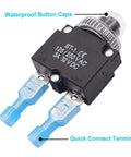 Image of a push button circuit breaker with manual reset, quick connect terminals, and waterproof button caps, labeled 125/250V AC, 3A 32V DC.