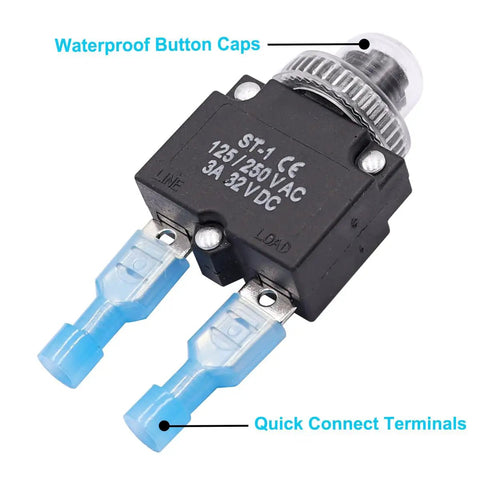 Image of a push button circuit breaker with manual reset, quick connect terminals, and waterproof button caps, labeled 125/250V AC, 3A 32V DC.