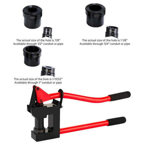 Manual Lever Sheet Metal Hole Punch Kit 20 Gauge With Dies 7/8 Inch 1-1/8 Inch And 1-11/32 Inch shown with red handles and dies