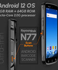 Side and front view of Android 12 Barcode Scanner With 4GB RAM And 64GB ROM, 1D 2D QR Code Scanning, Zebra SE4710 Engine, 4G Wireless PDA N77
