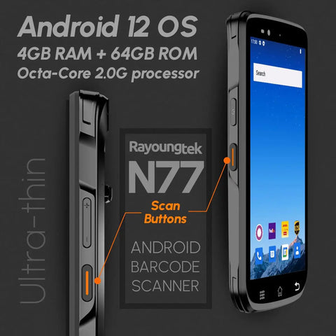 Side and front view of Android 12 Barcode Scanner With 4GB RAM And 64GB ROM, 1D 2D QR Code Scanning, Zebra SE4710 Engine, 4G Wireless PDA N77