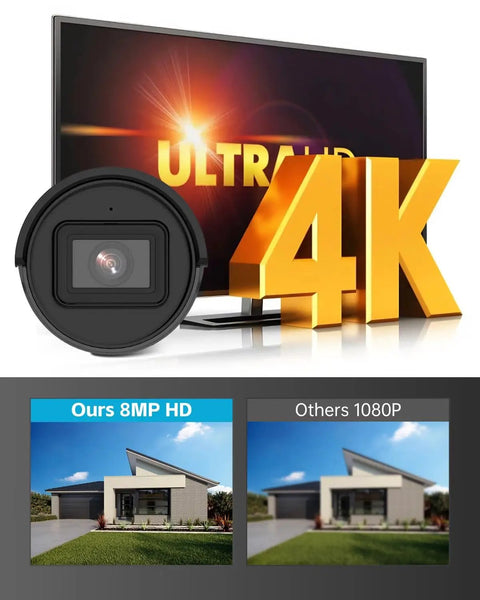 Image showing 4K UltraHD display, lens close-up, and comparison of 8MP HD vs 1080P, highlighting 4K 8MP AcuSense PoE Bullet IP Camera.