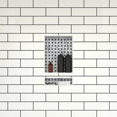 Double Recessed Shower Niche Shelf In Black, Two Tier 16x26x4 Inch Shower Storage, Tile Ready Surface, installed vertically with bottles.